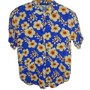 Vintage Impressions Womens M Aloha Shirt Tropical Floral Blue Yellow EUC Retro